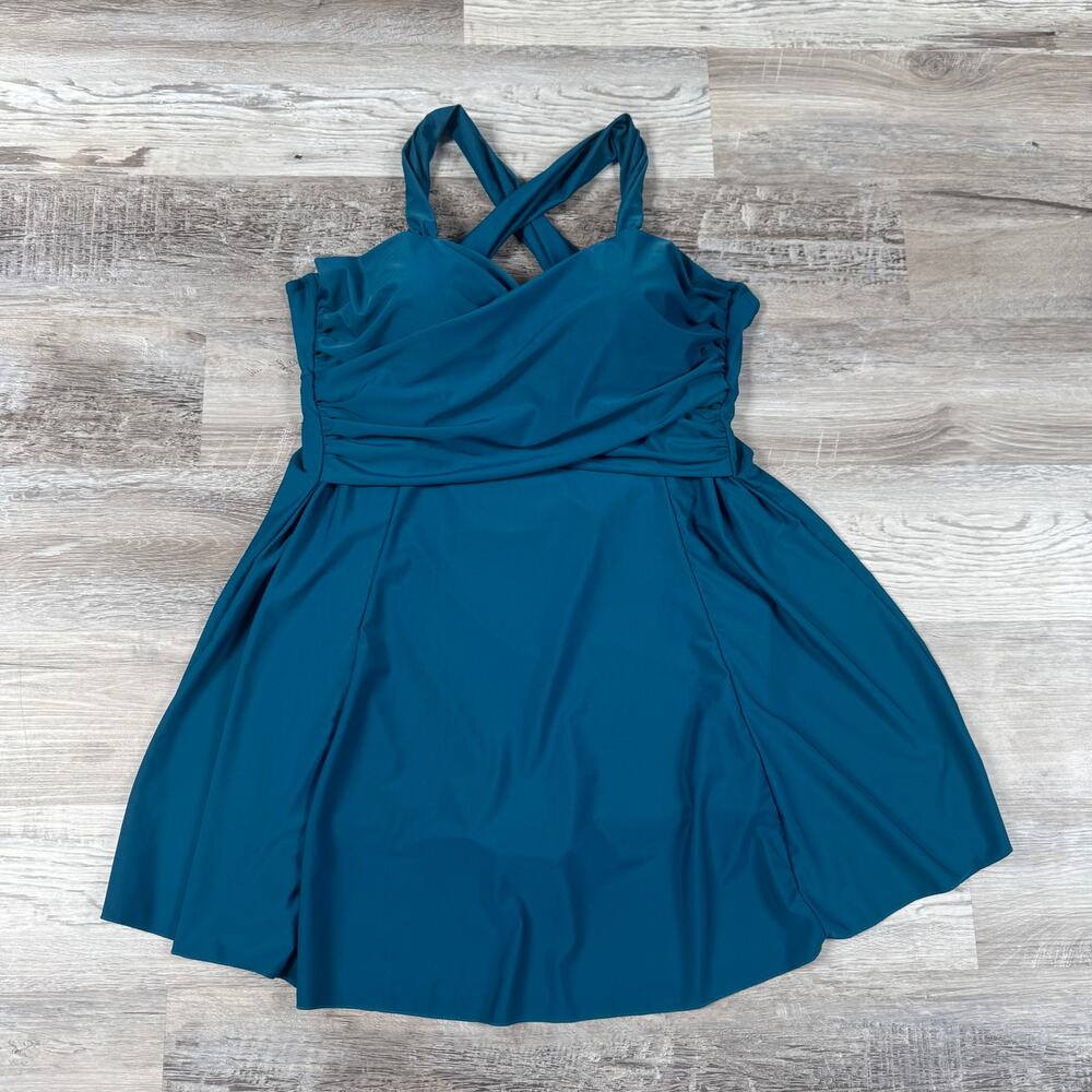COCOPEAR Teal Swim Dress Cross Back Ruched Skater One Piece 3XL